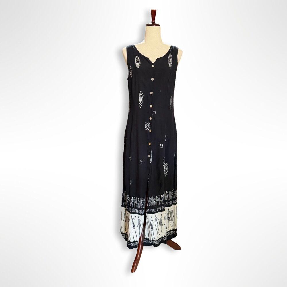 VTG 90s Black & Ivory Sleeveless Button Down Maxi Dress, 10 M Tribal Print